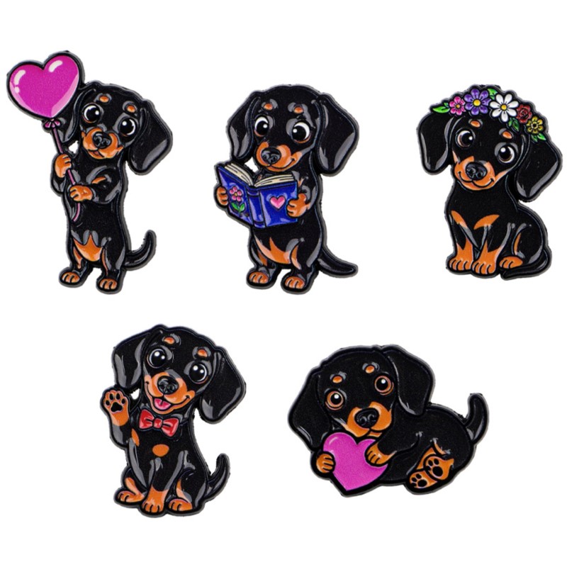 Enamel Pin Set - ชุดเข็มกลัดเคลือบลายดัชชุนด์น่ารัก 5 ชิ้น รูปหัวใจ ดอกไม้ หนังสือ