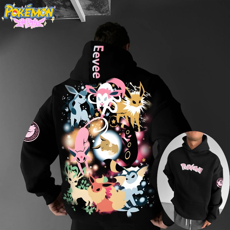 Anime Merch Hoodie - เสื้อฮู้ดพิมพ์ลายตัวละครโปเกมอนคลาสสิกปี 2025 ลายครอบครัวอีวุย สำหรับผู้ชายและผู้หญิง ฤดูใบไม้ร่วง/ฤดูหนาว ผ้าหนาและทรงหลวม