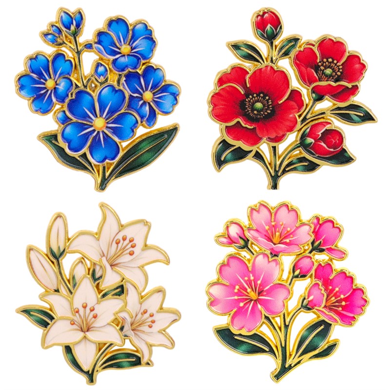 Enamel Pin Set - เข็มกลัดเคลือบสีสันสดใสลายดอกไม้สไตล์วินเทจน่ารัก ลายดอกลิลลี่ เชอร์รี่ ดอกป๊อปปี้ ใบไม้สีฟ้า เหมาะสำหรับติดกระเป๋าเป้